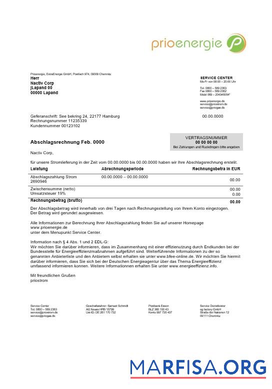 Реалистичный Германия Prioenergie proof of address Бизнес Счёт за коммунальные услуги Счёт Шаблон in Word and PDF Форматы