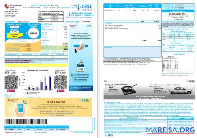 Премиум Индия CESC LIMITED Бизнес Счёт за коммунальные услуги Счёт Word and PDF Шаблон, Версия 2 ca╠üc trang ─æa╠â xo╠üa