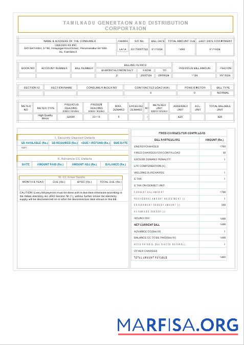 Высокое Качество Индия TAMILNADU Бизнес Счёт за коммунальные услуги Счёт Word and PDF Шаблон