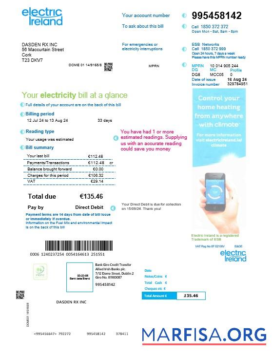Редактируемый Ирландия ELECTRIC Ирландия Бизнес Счёт за коммунальные услуги Счёт Word and PDF Шаблон