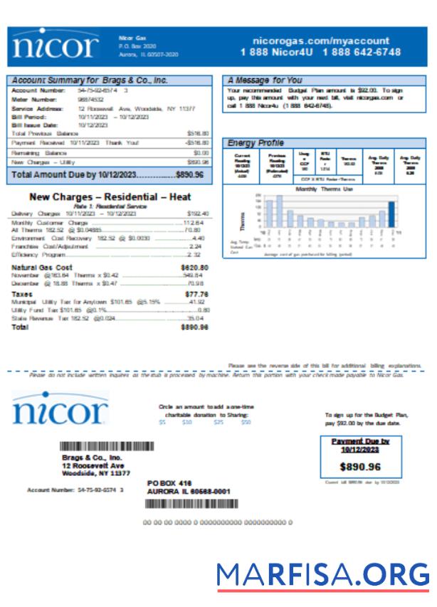 Illinois Nicor Газ Бизнес Счёт за коммунальные услуги Счёт SCR образец