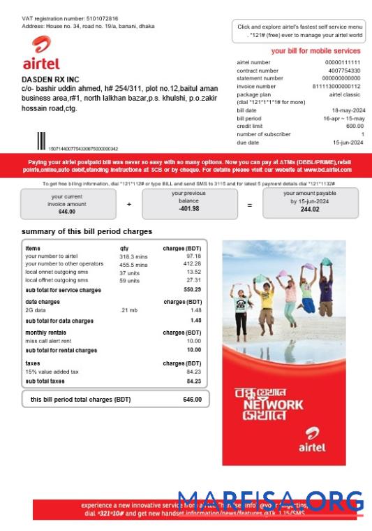 Редактируемый Индия Airtel telecommunication services Бизнес Счёт за коммунальные услуги Счёт Шаблон in Word and PDF Форматы