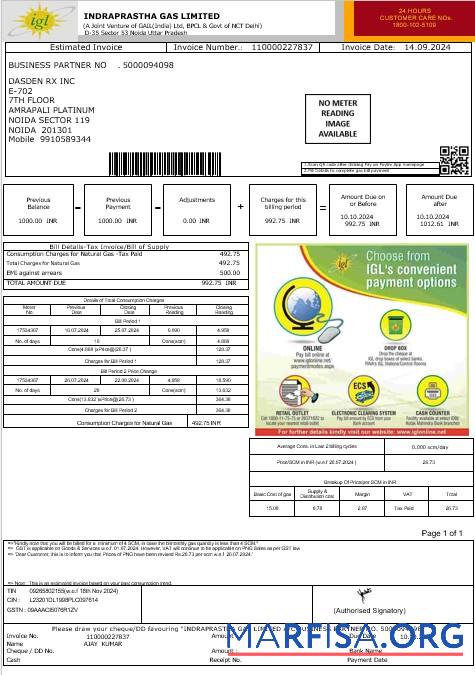 Премиум Индия IGL Бизнес Счёт за коммунальные услуги Счёт Word and PDF Шаблон