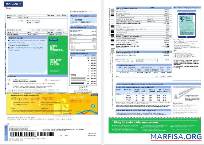 Высокое Качество Индия Reliance Energy Бизнес Счёт за коммунальные услуги Счёт Word and PDF Шаблон, 2 pages
