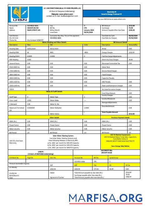 Индия Uttarakhand power corporation Электричество Бизнес Счёт за коммунальные услуги Счёт Word and PDF Форматы образец