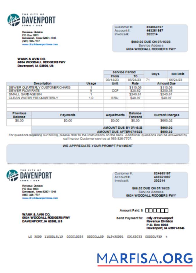 Высокое Качество Iowa City of Davenport Счёт за коммунальные услуги Бизнес Счёт, Word and PDF Шаблон scr