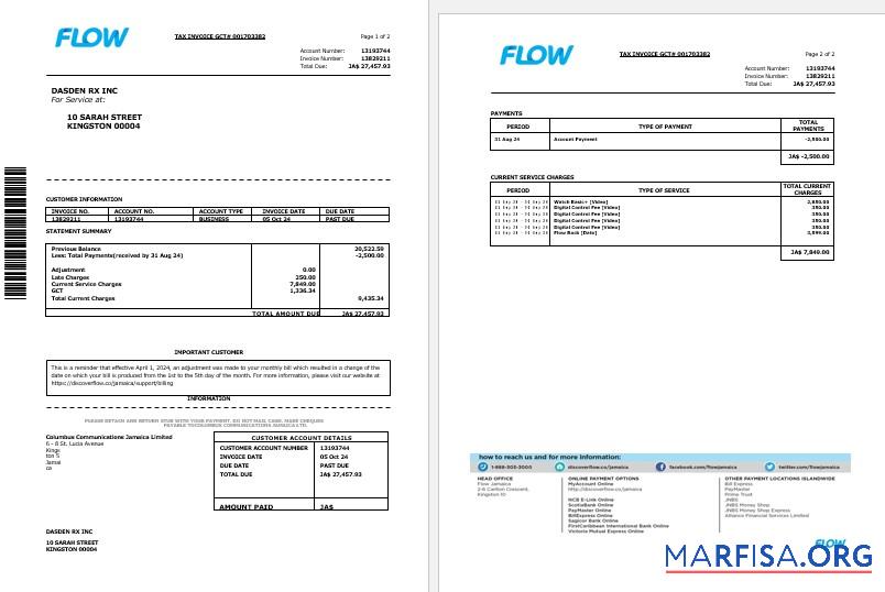 Реалистичный Ямайка Flow Налог Счёт-фактура cable and internet Бизнес Счёт за коммунальные услуги Счёт Word and PDF Шаблон, 2 pages