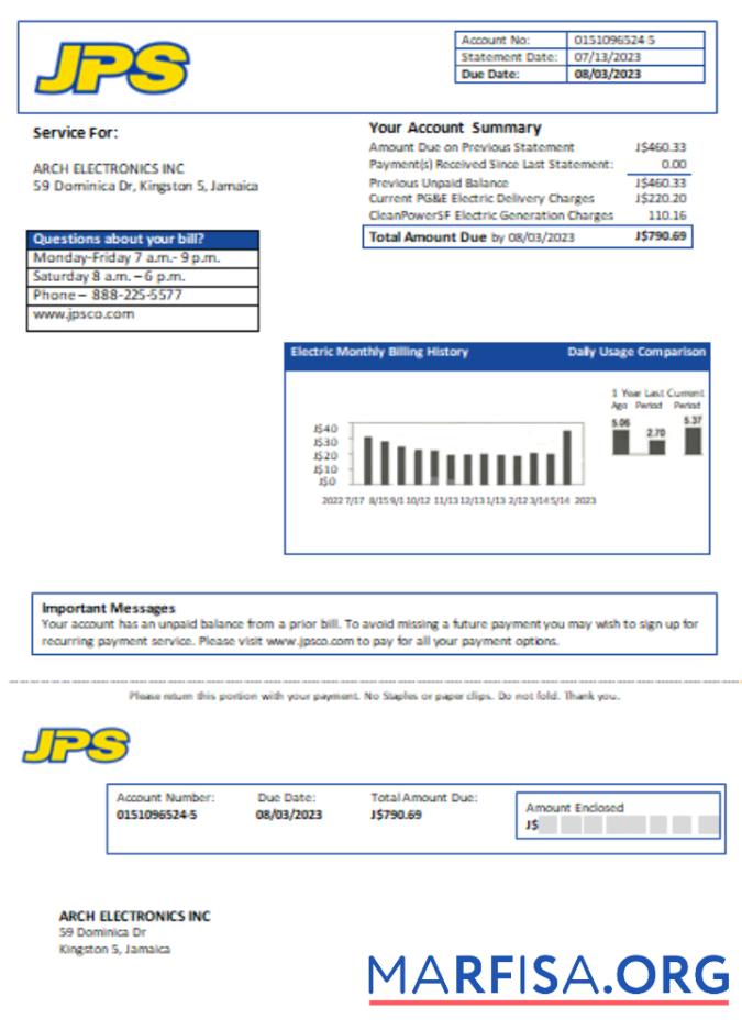 Ямайка Public Услуга Co Ltd (JPS) Электричество Счёт за коммунальные услуги Бизнес Счёт, SCR образец