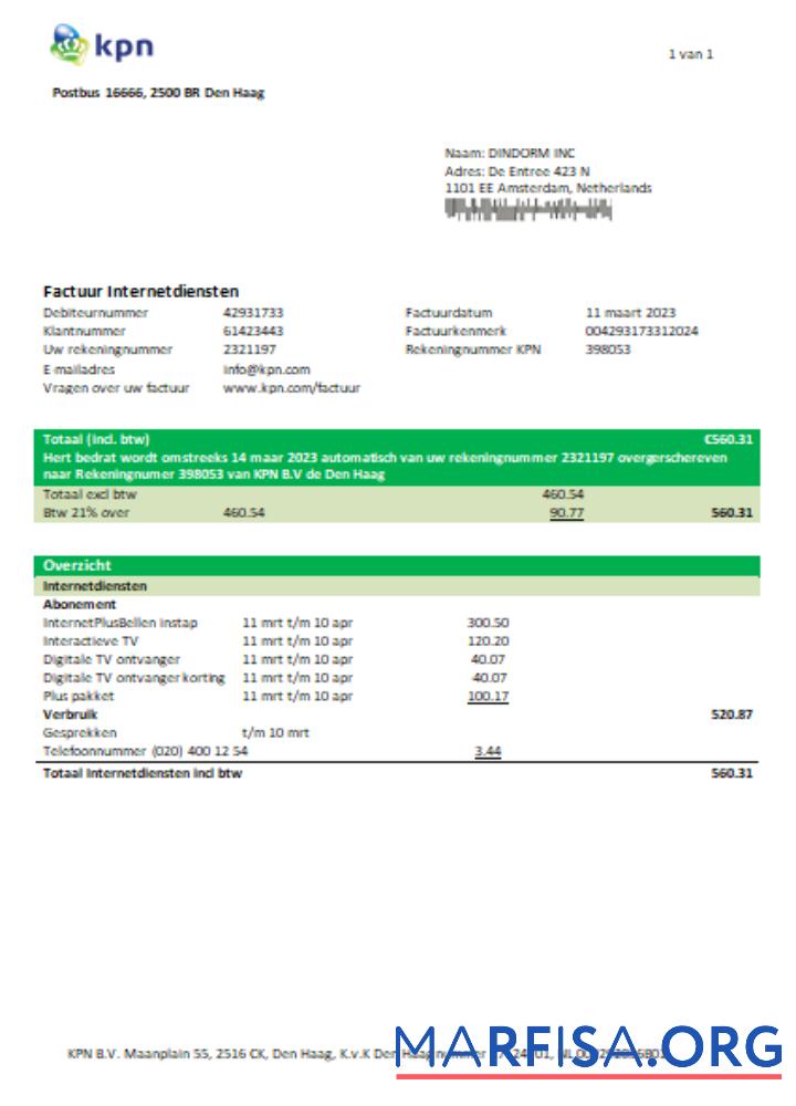 KPN Счёт за коммунальные услуги Бизнес Счёт, SCR образец