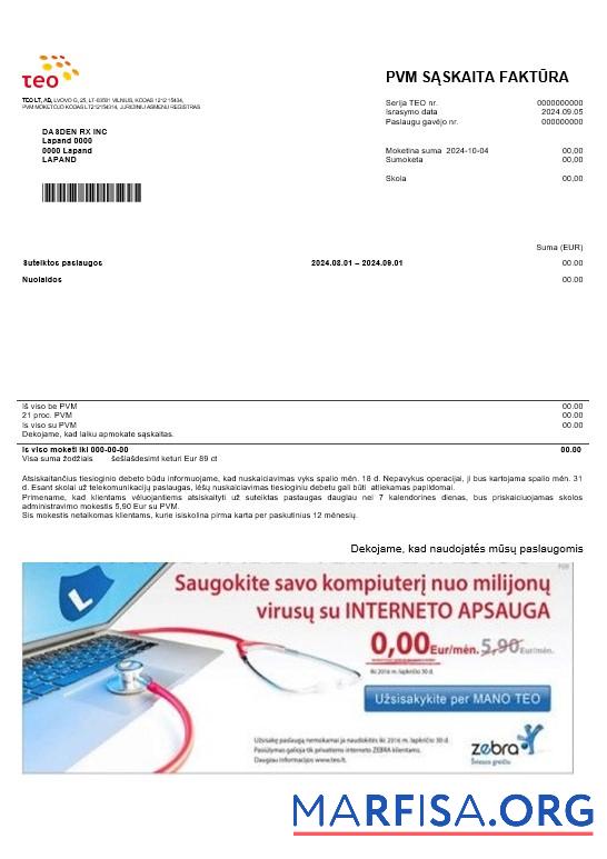 Высокое Качество Литва Teo Бизнес Счёт за коммунальные услуги Счёт Шаблон in Word and PDF Форматы