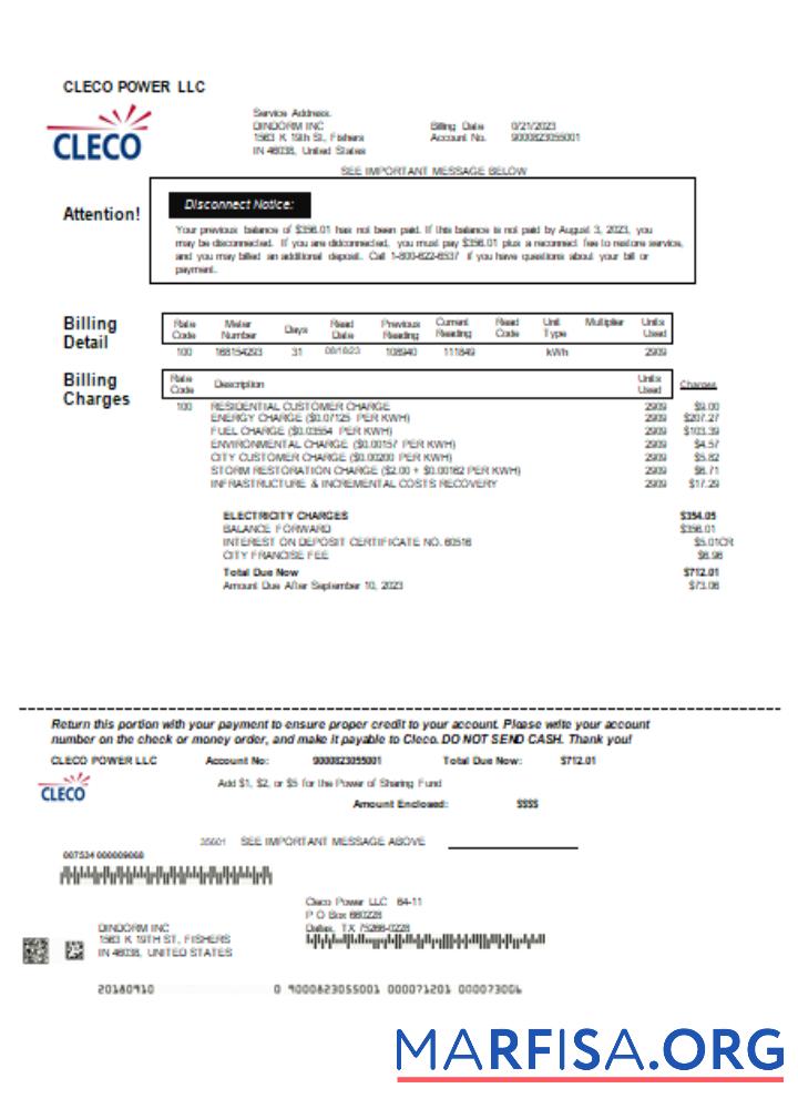Louisiana Cleco Power Электричество Счёт за коммунальные услуги Бизнес Счёт, SCR образец