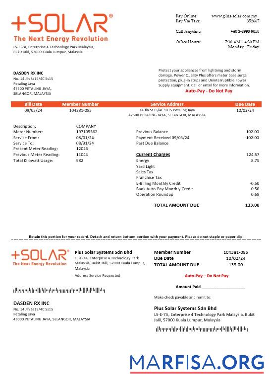 Редактируемый Малайзия Plus Solar Systems Sdn Bhd Бизнес Счёт за коммунальные услуги Счёт Шаблон in Word and PDF Форматы