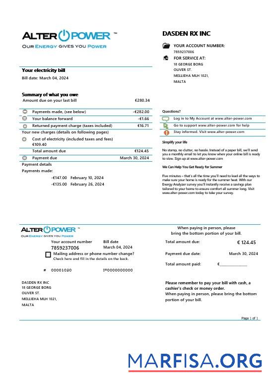 Высокое Качество Мальта AlterPower Мальта proof of address Бизнес Счёт за коммунальные услуги Счёт Шаблон in Word and PDF Форматы