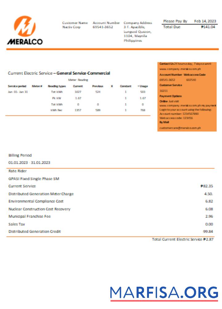 Manila Electric Компания (Meralco) Электричество Счёт за коммунальные услуги Бизнес Счёт SCR макет