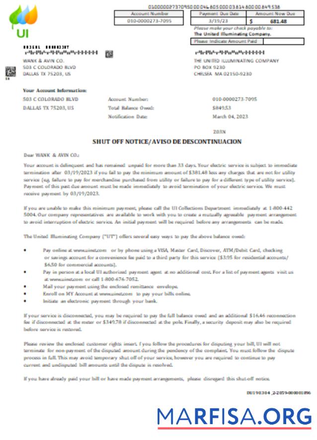 Massachusetts Chelsea SCG The United Illuminating Компания shut off notice Бизнес Счёт, SCR дизайн