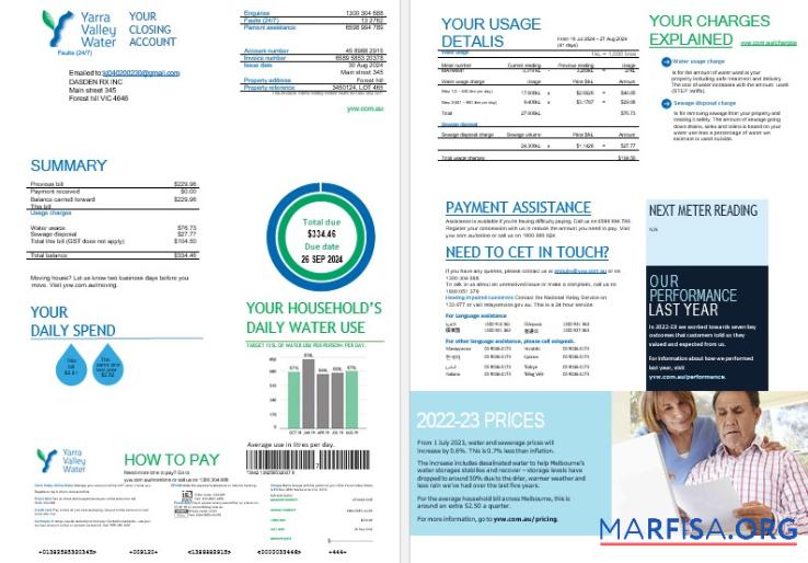 Melbourne Yarra Valley Вода Вода Бизнес Счёт за коммунальные услуги Счёт Word and PDF Форматы, 2 pages макет