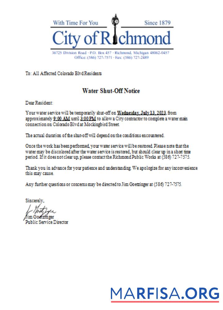 Michigan City of Richmond Вода shut off notice Счёт за коммунальные услуги Бизнес Счёт, SCR дизайн