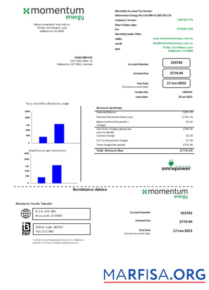 Momentum Energy Счёт за коммунальные услуги Бизнес Счёт, SCR предпросмотр