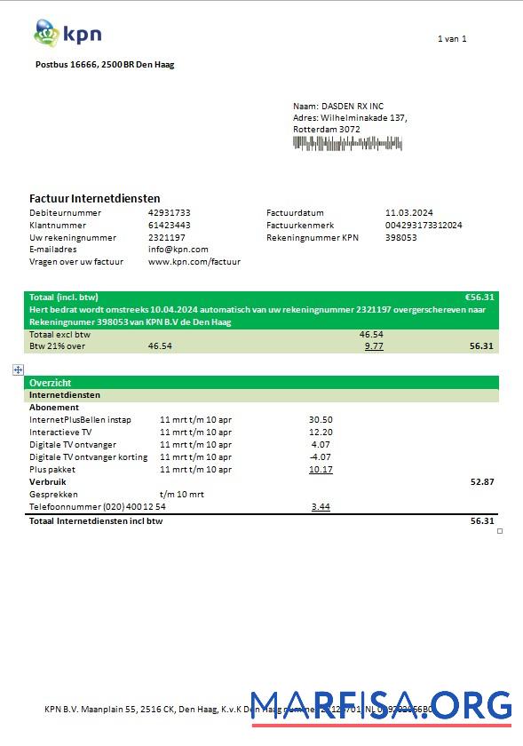Профессиональный Нидерланды KPN Бизнес Счёт за коммунальные услуги Счёт Шаблон in Word and PDF Формат