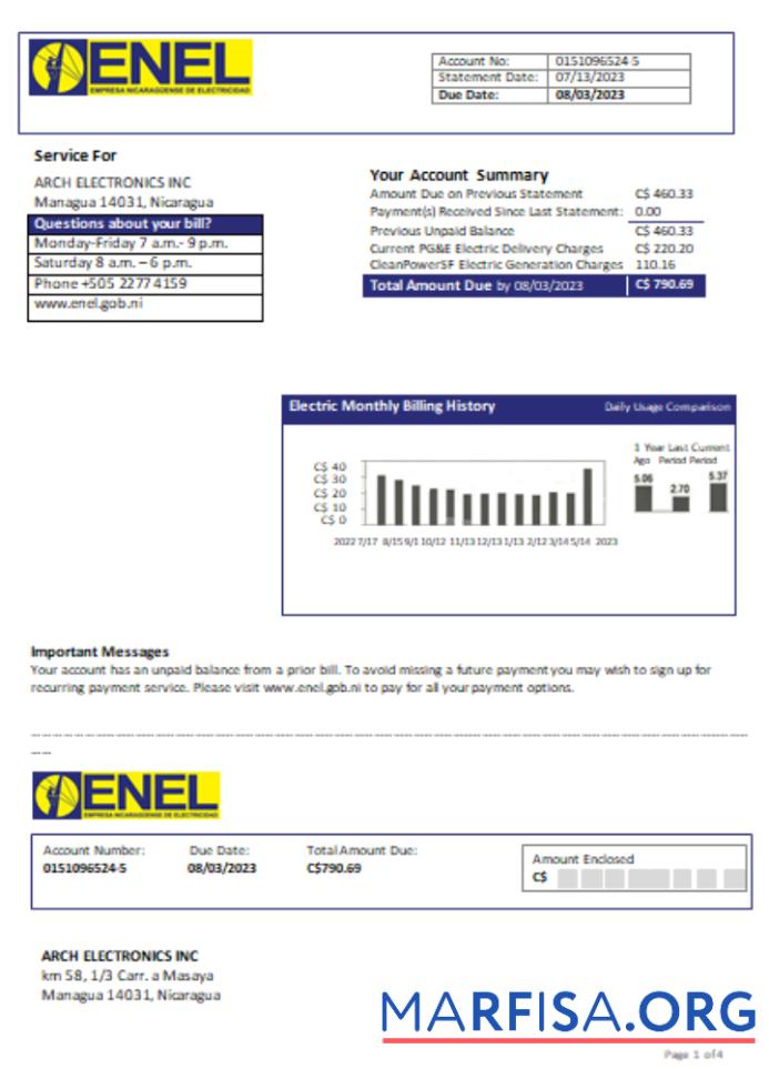 Nicaraguan Электричество Компания (ENEL) Электричество Счёт за коммунальные услуги Бизнес Счёт, SCR дизайн