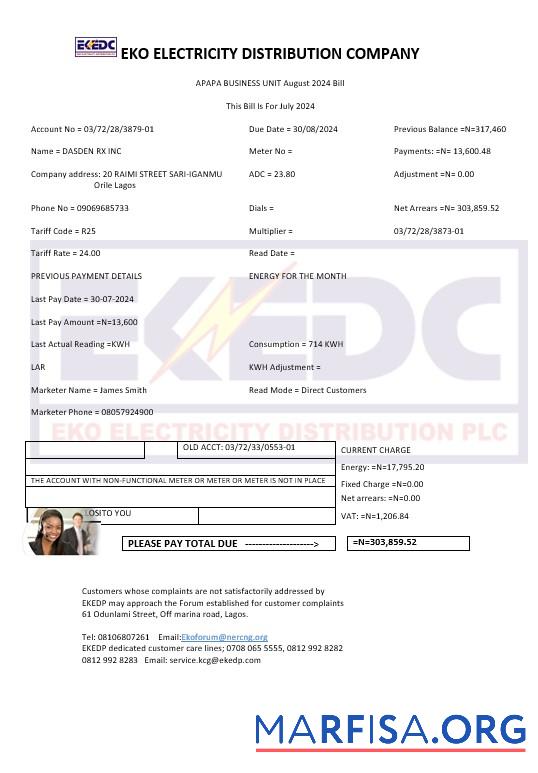 Профессиональный Нигерия Eko Электричество Distribution Компания (EKEDC) Бизнес Счёт за коммунальные услуги Счёт Шаблон in Word and PDF Форматы