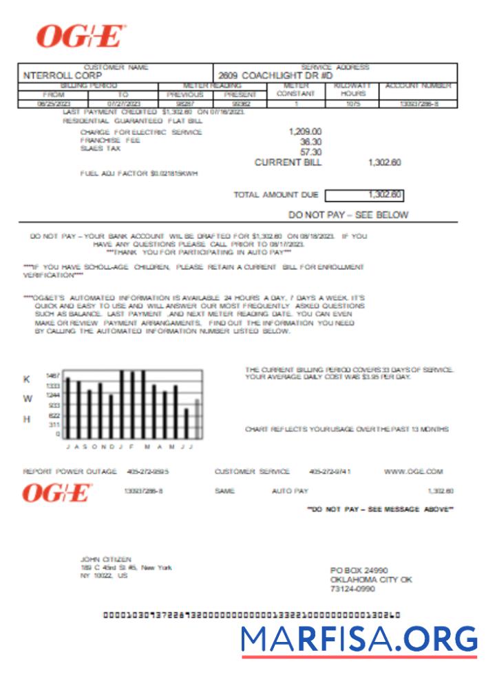 Oklahoma OGE Energy Счёт за коммунальные услуги Бизнес Счёт SCR макет