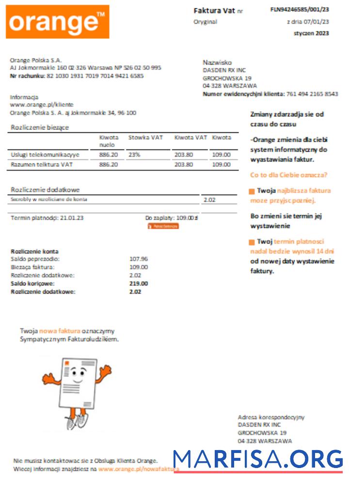Orange Польша Счёт за коммунальные услуги Бизнес Счёт SCR макет