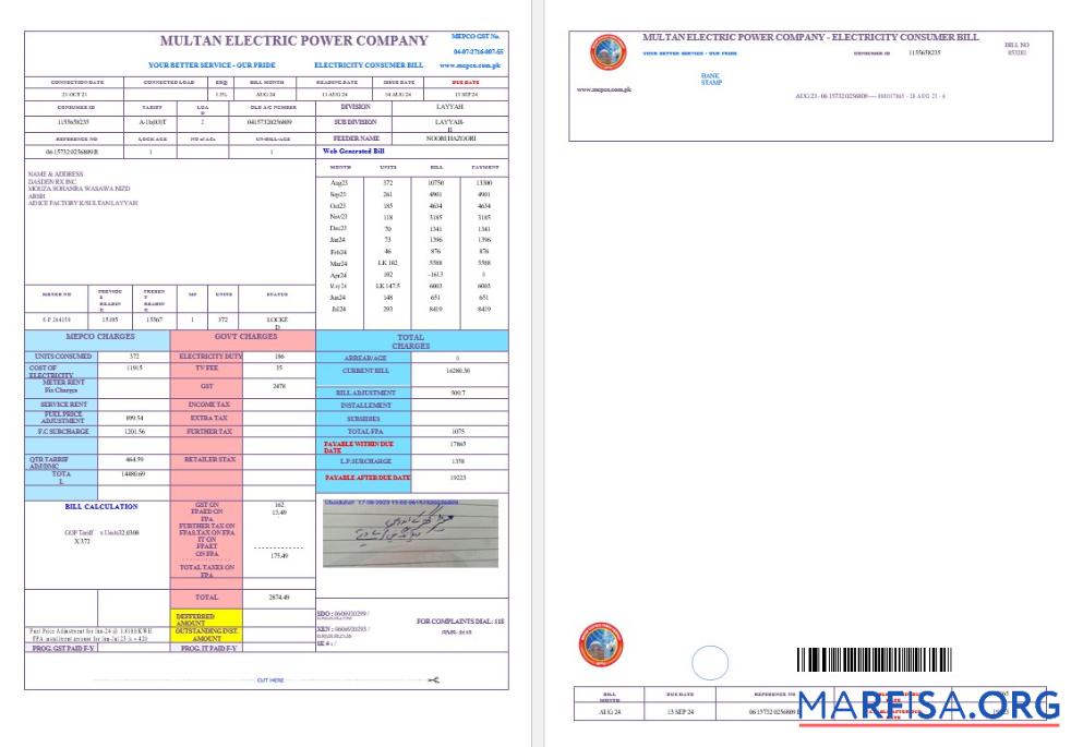 Профессиональный Пакистан MULTAN ELECTRIC POWER Бизнес Счёт за коммунальные услуги Счёт Word and PDF Шаблон, Версия 2