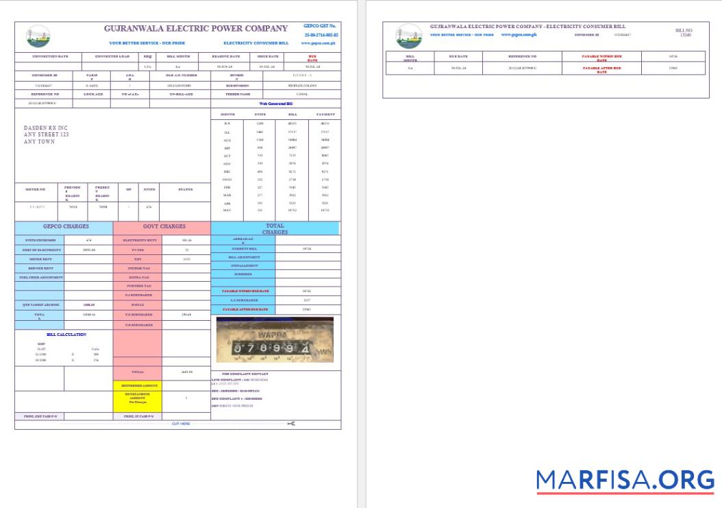 Пакистан GUJRANWALA ELECTRICPOWER Бизнес Счёт за коммунальные услуги Счёт Word and предпросмотр