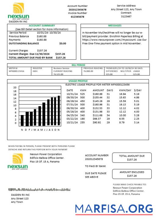 Профессиональный Панама Nexsun Power Corporation Электричество Бизнес Счёт за коммунальные услуги Счёт Word and PDF Шаблон