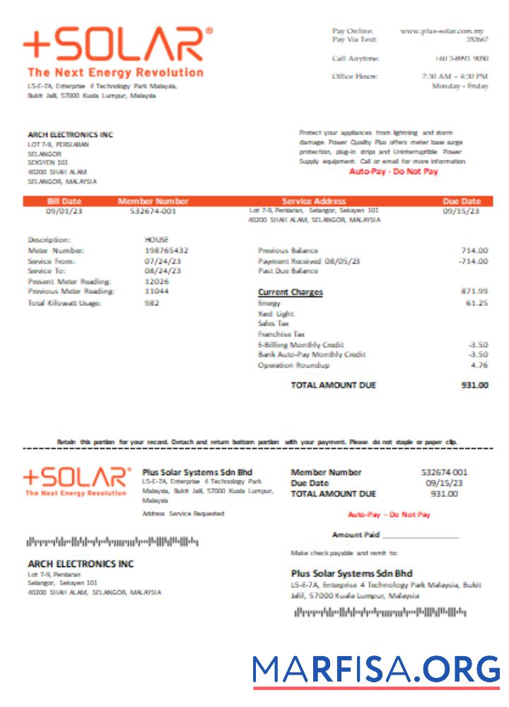Plus Solar Systems Sdn Bhd Счёт за коммунальные услуги Бизнес Счёт, SCR образец