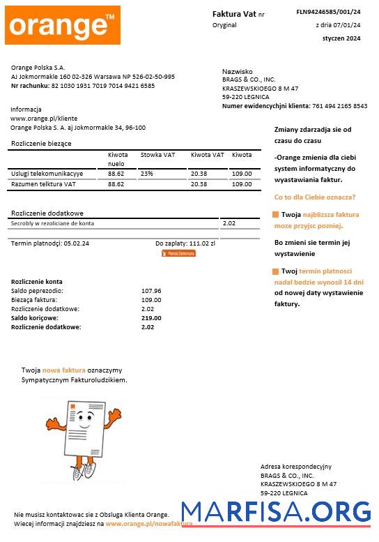 Реалистичный Польша Orange Бизнес Счёт за коммунальные услуги Счёт Шаблон in Word and PDF Форматы