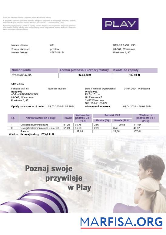 Премиум Польша Play Бизнес Счёт за коммунальные услуги Счёт Шаблон in Word and PDF Формат