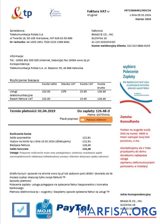 Реалистичный Польша TP Бизнес Счёт за коммунальные услуги Счёт Шаблон in Word and PDF Форматы
