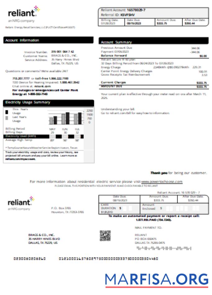Reliant Energy Счёт за коммунальные услуги Бизнес Счёт, SCR образец