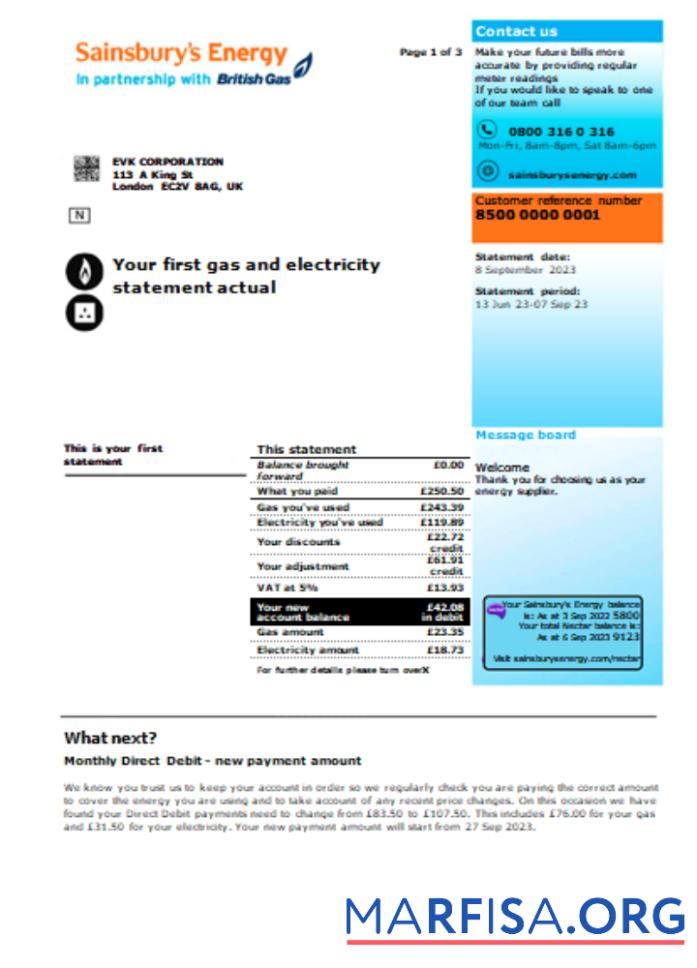 Sainsbury Energy (British Газ) Бизнес Счёт за коммунальные услуги Счёт, Страница 1, SCR предпросмотр