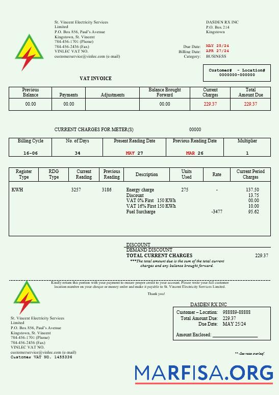 Редактируемый Saint Vincent and the Grenadines Сент-Винсент Электричество Services Limited busienss Счёт за коммунальные услуги Счёт Word and PDF Шаблон