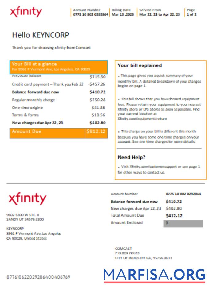 San Francisco Xfinity Comcast Счёт за коммунальные услуги Бизнес Счёт SCR Страница 1 шаблон