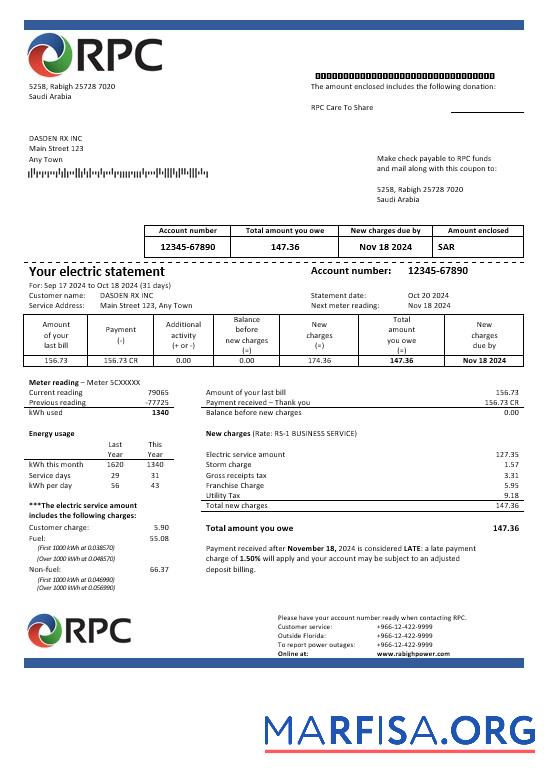 Реалистичный Саудовская Аравия Rabigh Power Компания Бизнес Счёт за коммунальные услуги Счёт, Word and PDF Шаблон