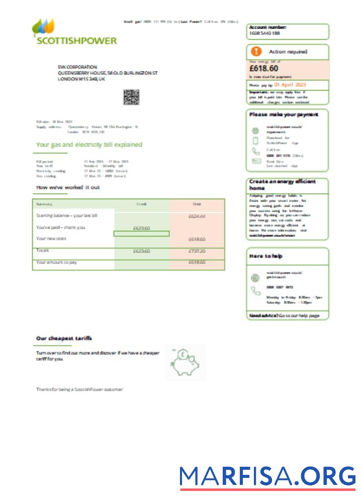 Scottish Power Великобритания PLC Счёт за коммунальные услуги Бизнес Счёт, SCR шаблон