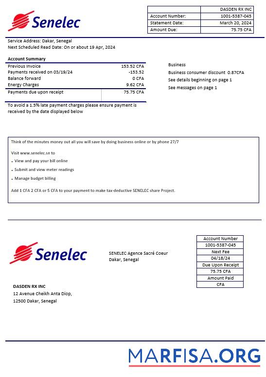 Профессиональный Сенегал Senelec Agence Sacre╠ü Coeur Компания Электричество Бизнес Счёт за коммунальные услуги Счёт Шаблон in Word and PDF Форматы