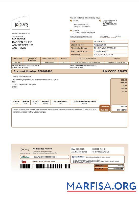 Премиум Южная Африка Joburg Бизнес Счёт за коммунальные услуги Счёт Word and PDF Шаблон pages