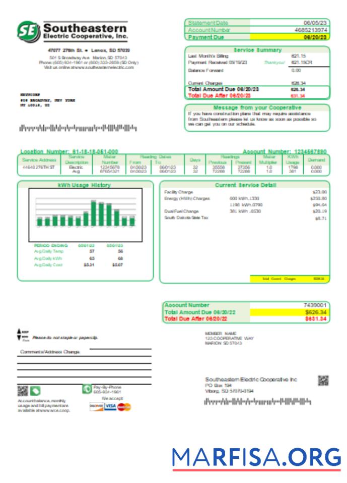 Southeastern Electric Cooperative, Inc. Счёт за коммунальные услуги Бизнес Счёт, SCR шаблон