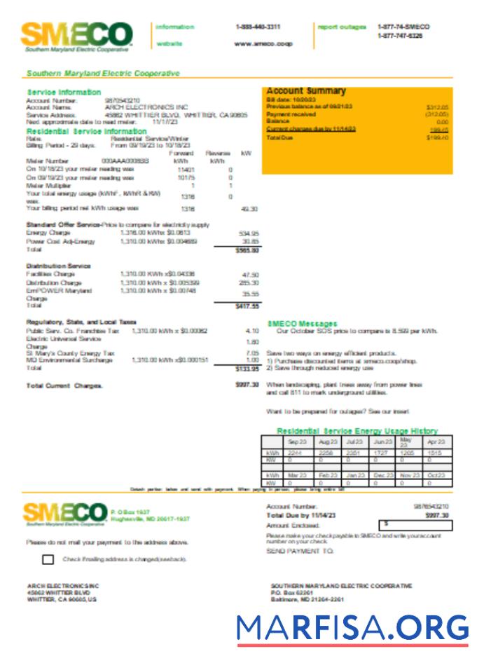 Southern Maryland Electric Cooperative SMECO Счёт за коммунальные услуги Бизнес Счёт, SCR шаблон