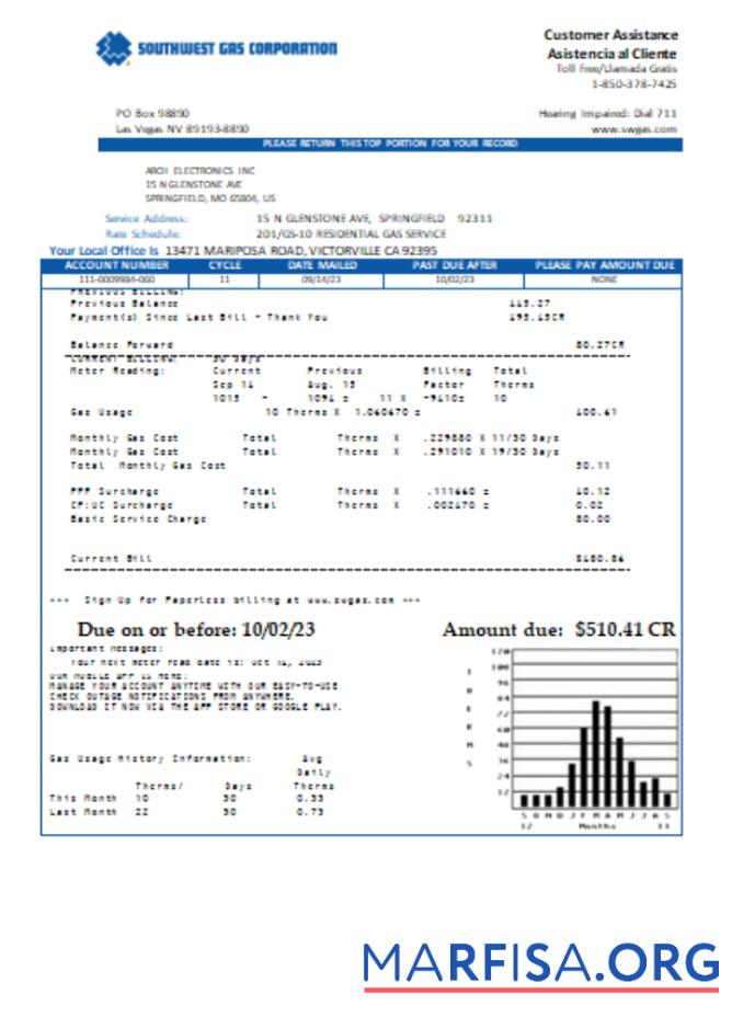 Southwest Газ Corporation Счёт за коммунальные услуги Бизнес Счёт, SCR дизайн