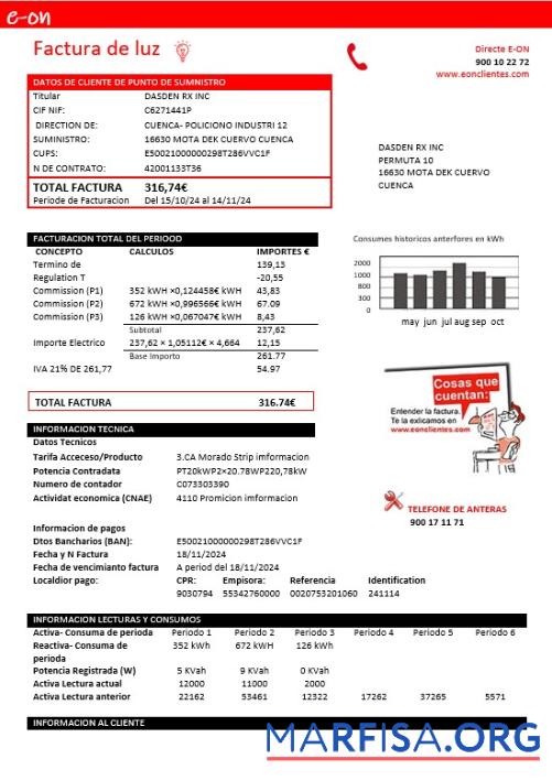 Высокое Качество Испания E.ON Электричество Бизнес Счёт за коммунальные услуги Счёт Шаблон in Word and PDF Форматы