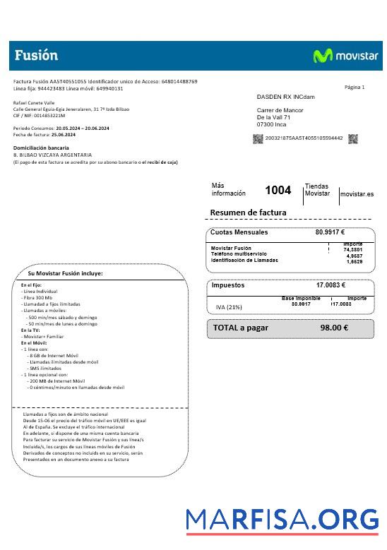 Испания Movistar Fusion telecom operator Бизнес Счёт за коммунальные услуги Счёт Документ in Word and PDF Форматы шаблон