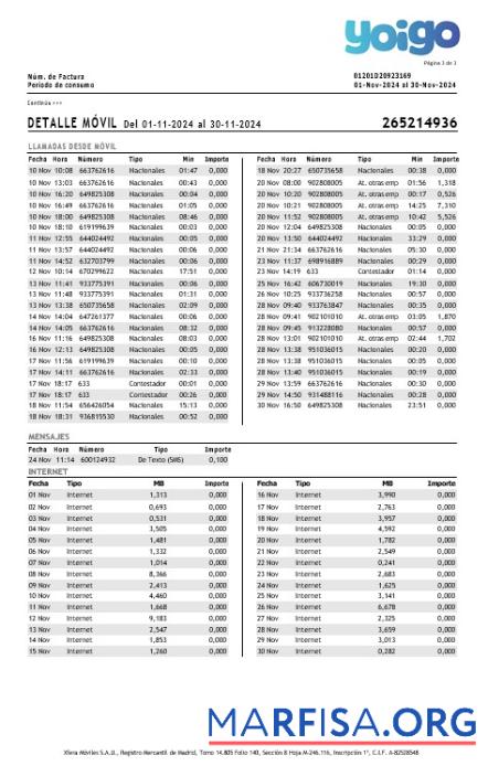 Испания Yoigo internet Бизнес Счёт за коммунальные услуги Счёт in Word and PDF Форматы, 3 Страница предпросмотр