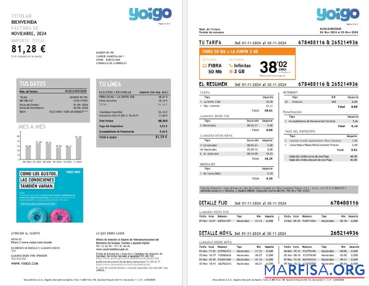 Испания Yoigo internet Бизнес Счёт за коммунальные услуги Счёт in Word and PDF Форматы, 3 pages макет