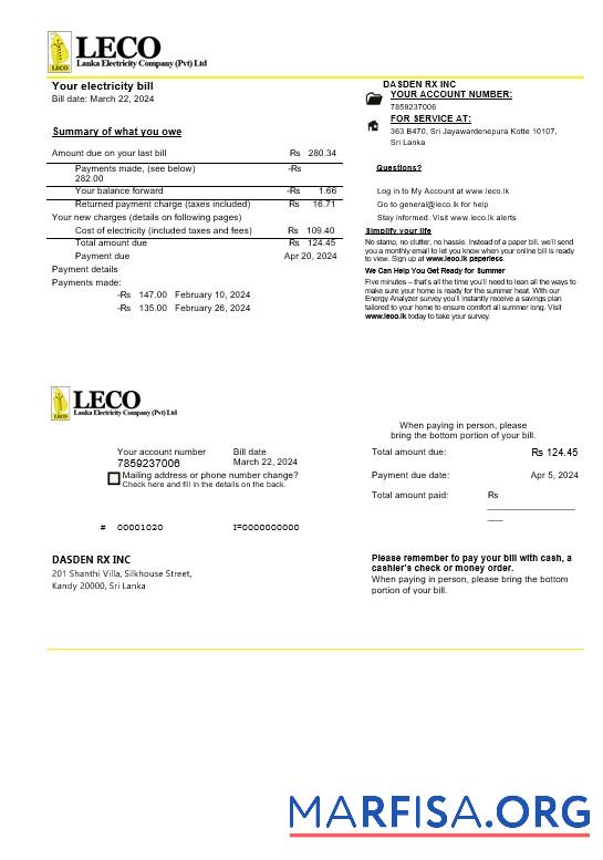 Высокое Качество Шри-Ланка LECO Компания Электричество Бизнес Счёт за коммунальные услуги Счёт Шаблон in Word and PDF Форматы